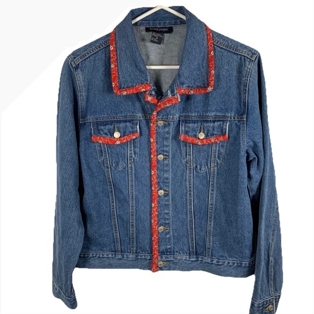 Vintage Boston Proper Denim Jacket Blue Red Bandana Trim‎ Western Sz 14 Cottage